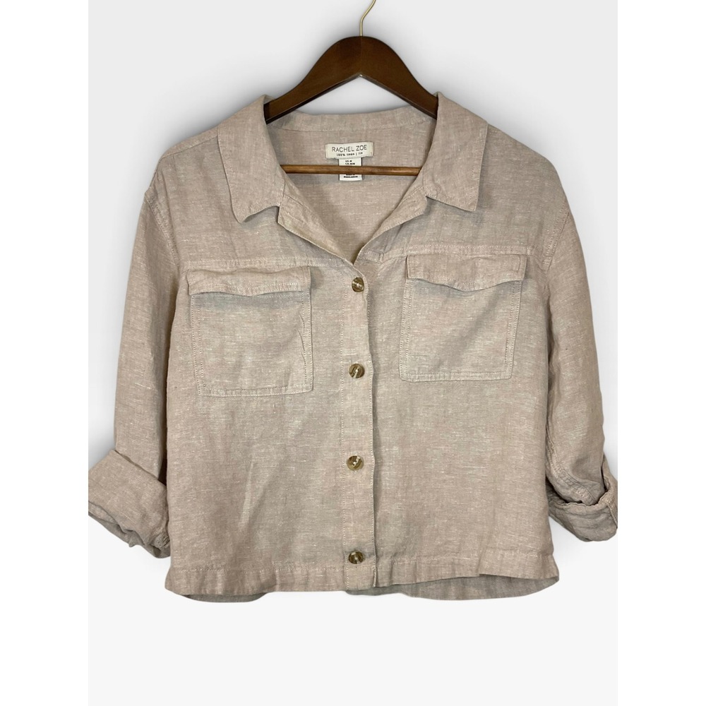 Rachel Zoe | 100% Linen Utility Button Down Shirt | M | Beige | Pocket Detail